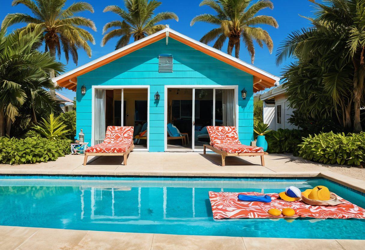 A sun-soaked poolside scene featuring stylish swimwear laid out on a vibrant beach towel, with tropical palm trees swaying in the background. Include a surfboard leaning against a colorful beach shack, surrounded by summer accessories like sunglasses and sun hats. Bright blue skies and a sparkling pool enhance the summer vibe. Illustrative and bright with a playful, summery color palette.